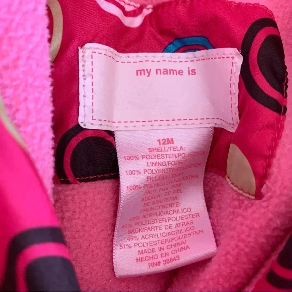 Baby Girls Pink Winter Puffer Coat Jacket Fleece Lined size 12 Months